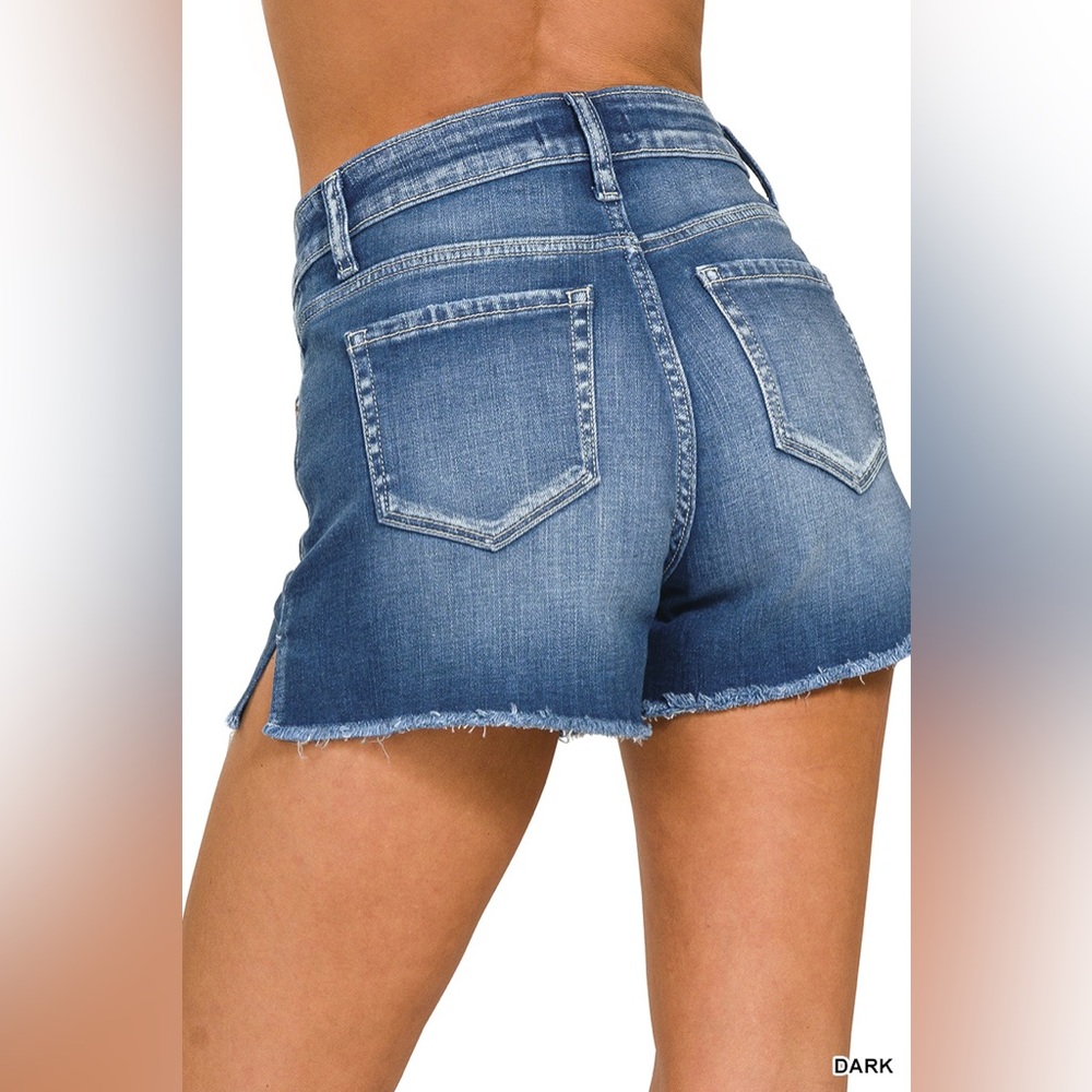 Zenana Outfitters Dark Blue Distressed High-Waist Jean Shorts - Picture 5 of 8